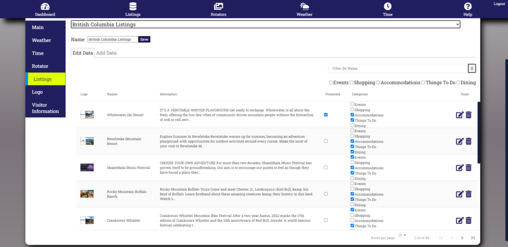 Listing Management interface example